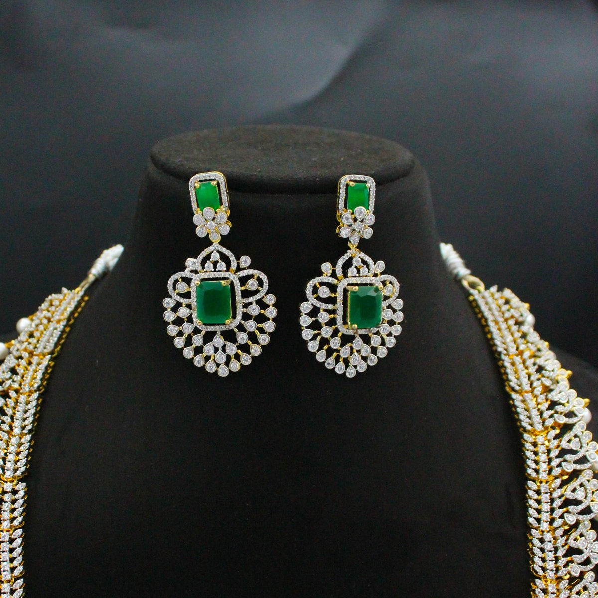 42662 Diamond Look Green Long Necklace Set With Push Back Earrings