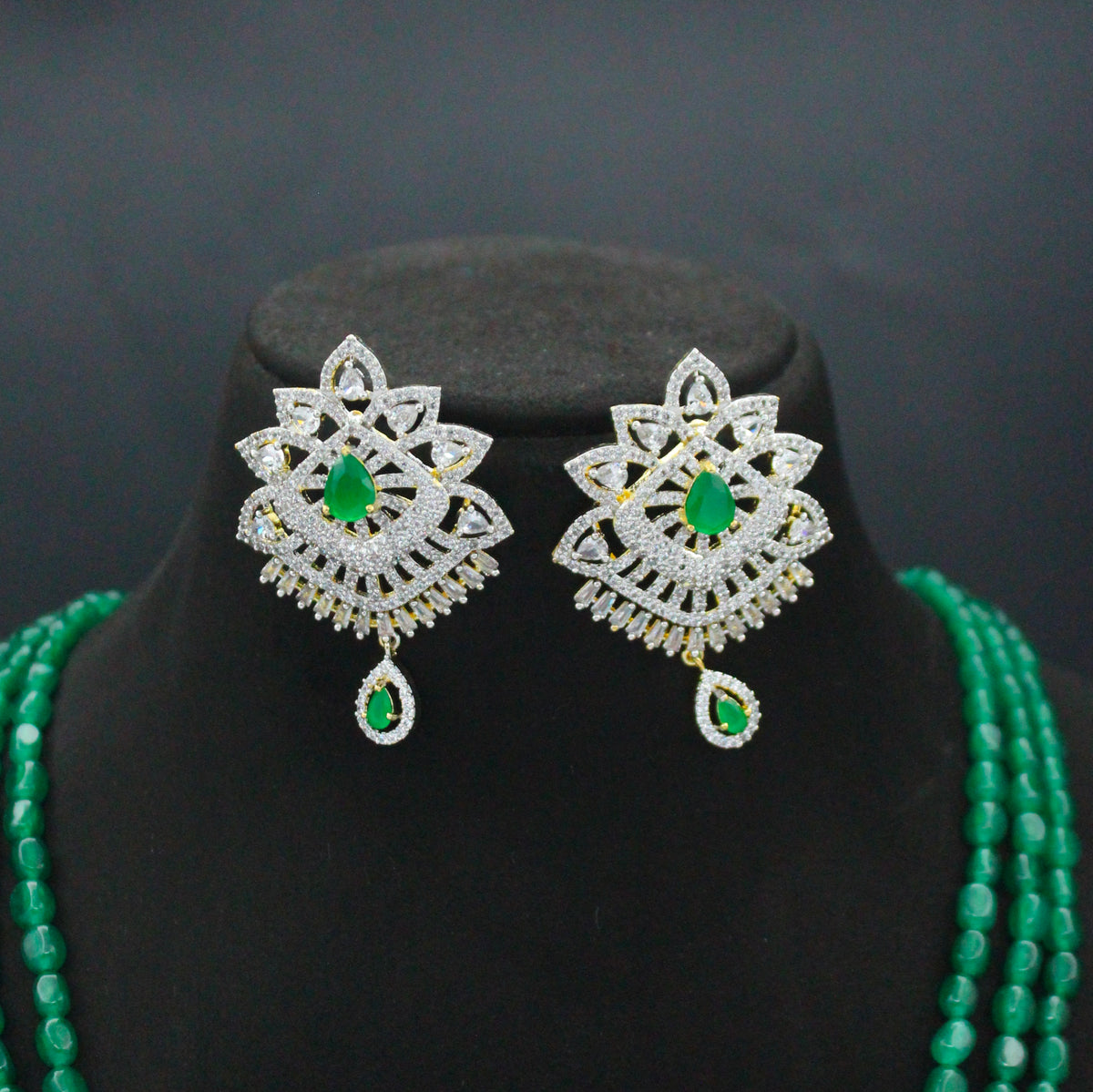 42803 3 Lines Green Beads Rani Haaram With Diamond Look Green Pendant Set