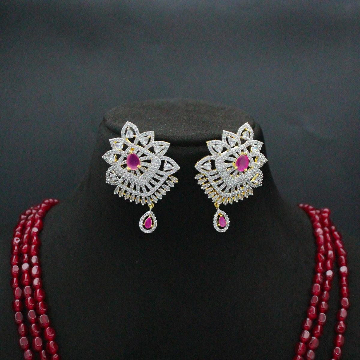 42811 3 Lines Red Beads Rani Haaram With Red Diamond Look Pendant Set