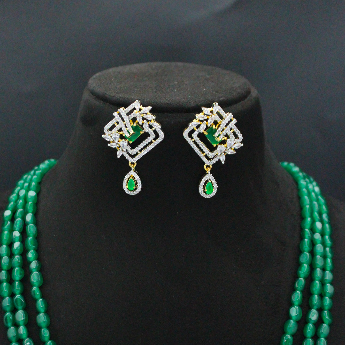42810 3 Lines Green Beads Rani Haaram With Diamond Look Green Pendant Set