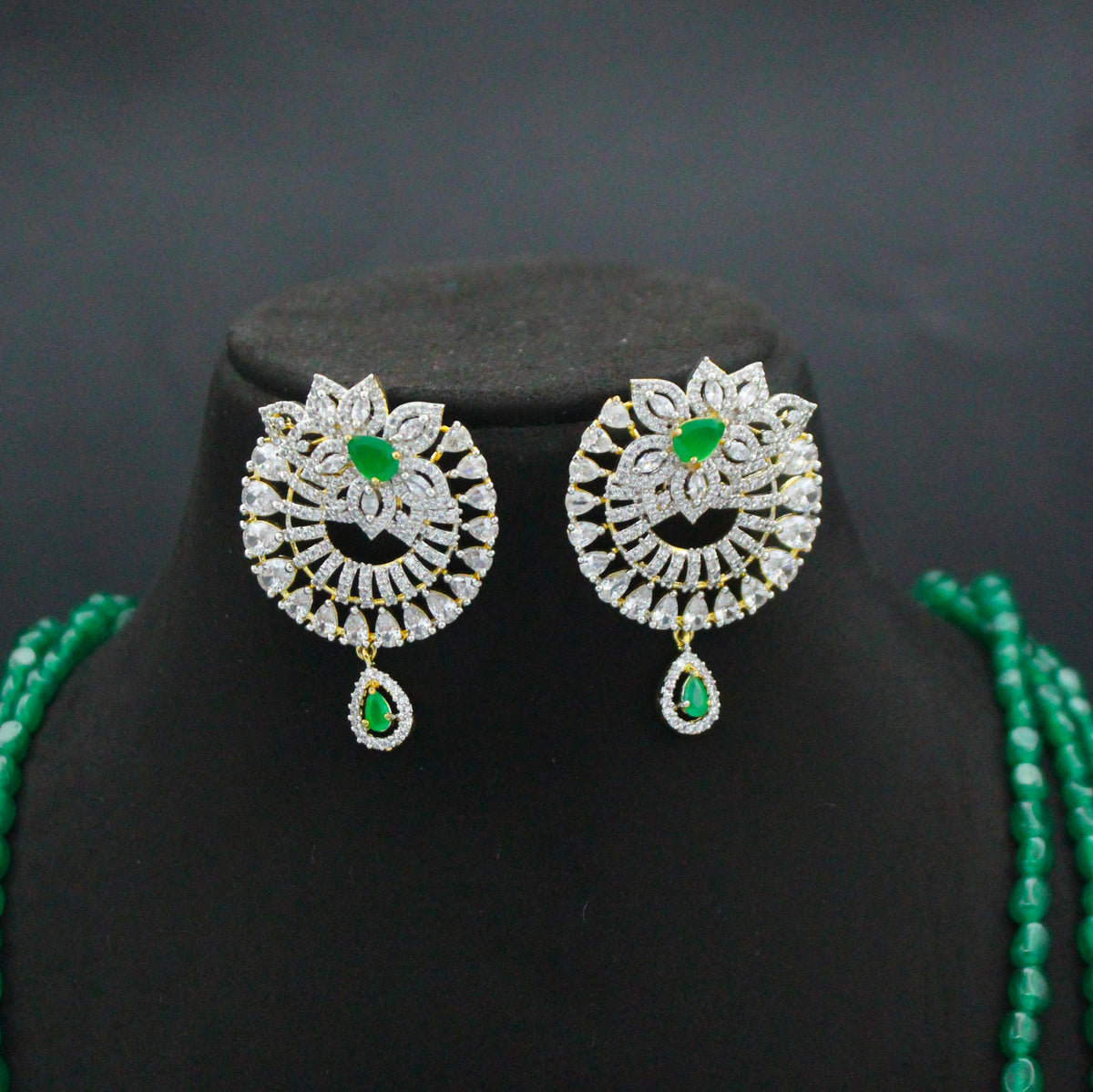 42802 3 Lines Green Beads Rani Haaram With Green GJ Pendant Set