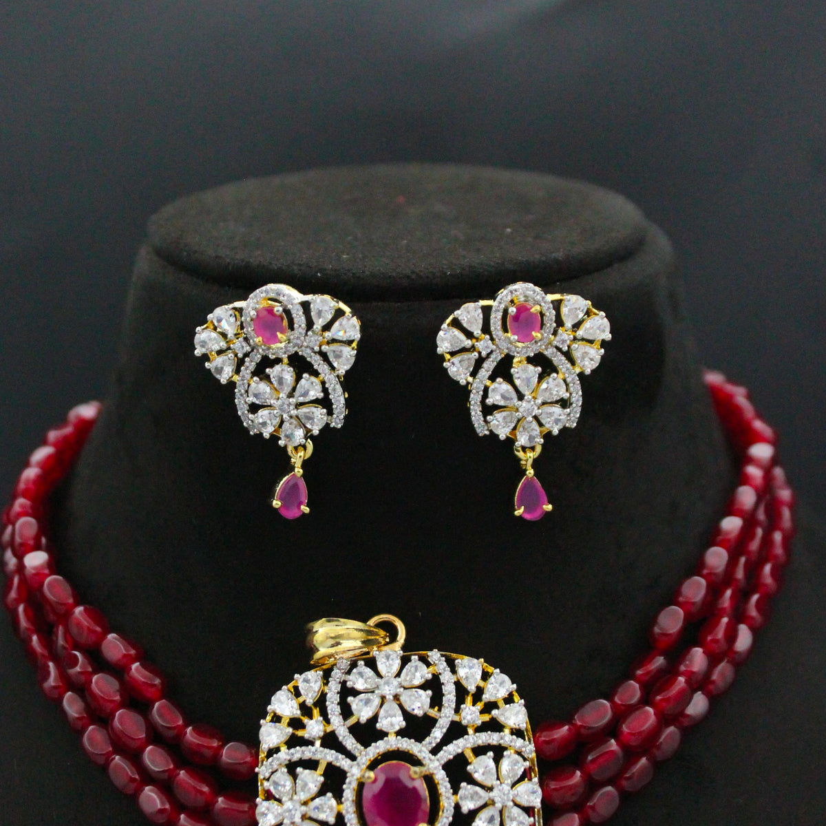 42807 3 Lines Red Beads Choker With Diamond Look Red Pendant Set