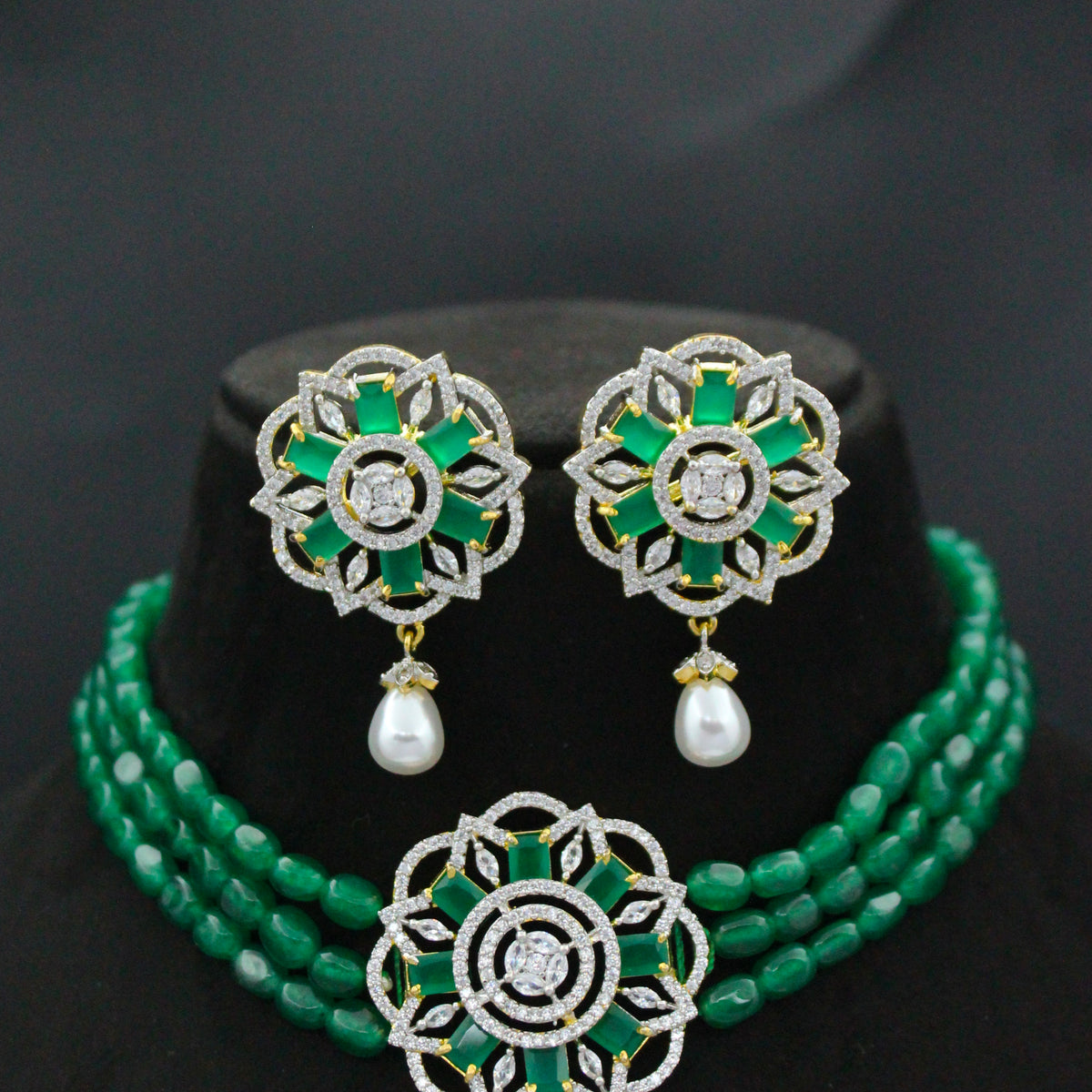 42805 3 Lines Green Beads Choker With Diamond Look Green Pendant Set