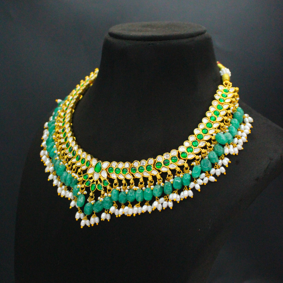 Elegant Jadau Kundan Green & White Lotus Short Necklace Set With Green Beads and Pearls 42824