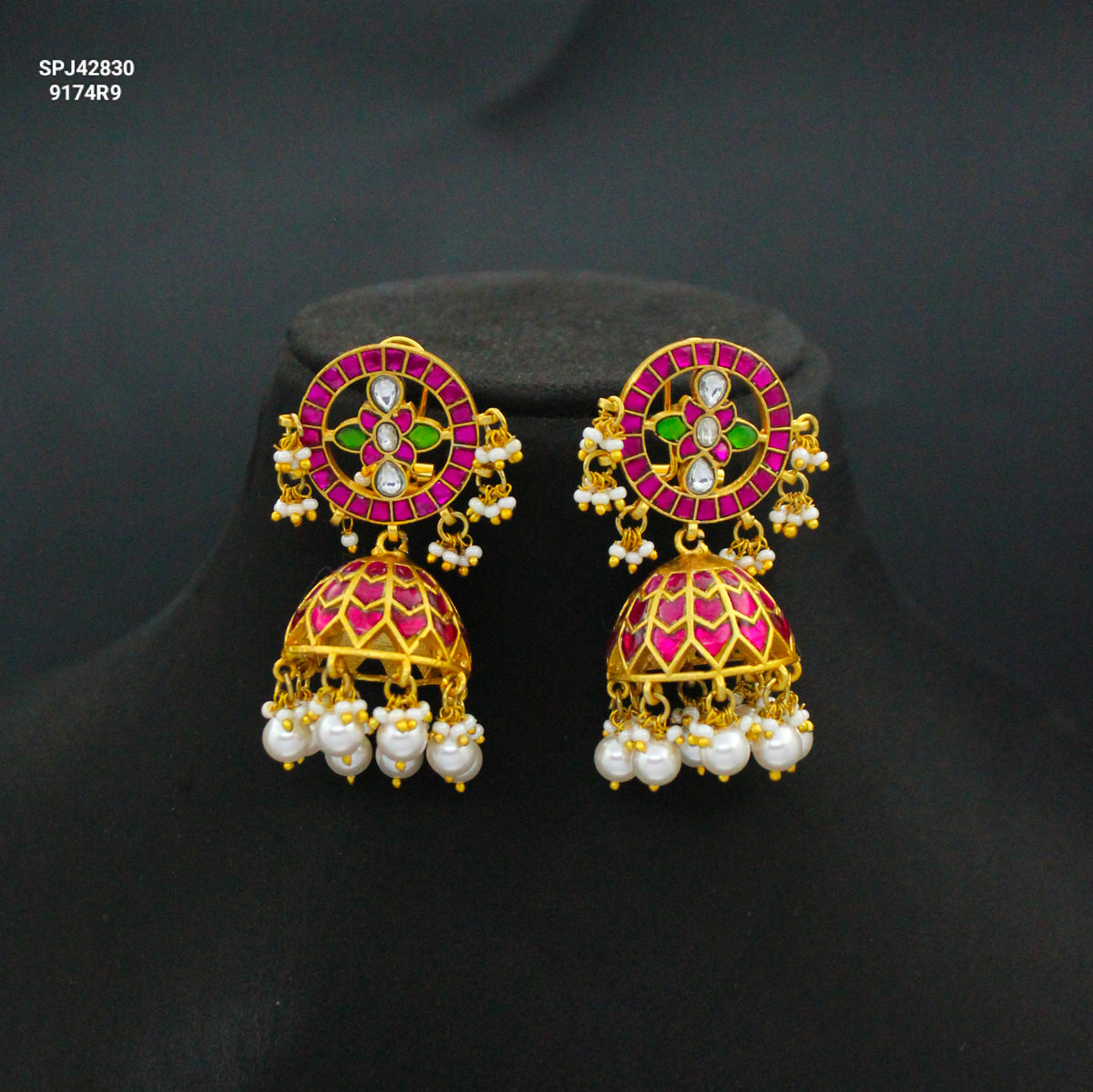 Jadau Kundan Multi Jhumki With Screw back Earrings and White Pearls 42380