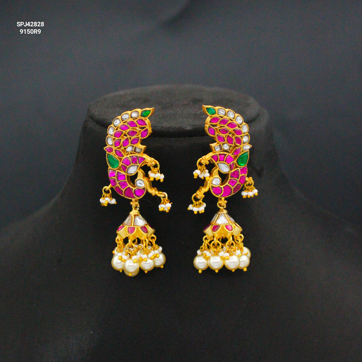 Jadau Kundan Multi Peacock Jhumki With Screw Back and White Pearls 42828