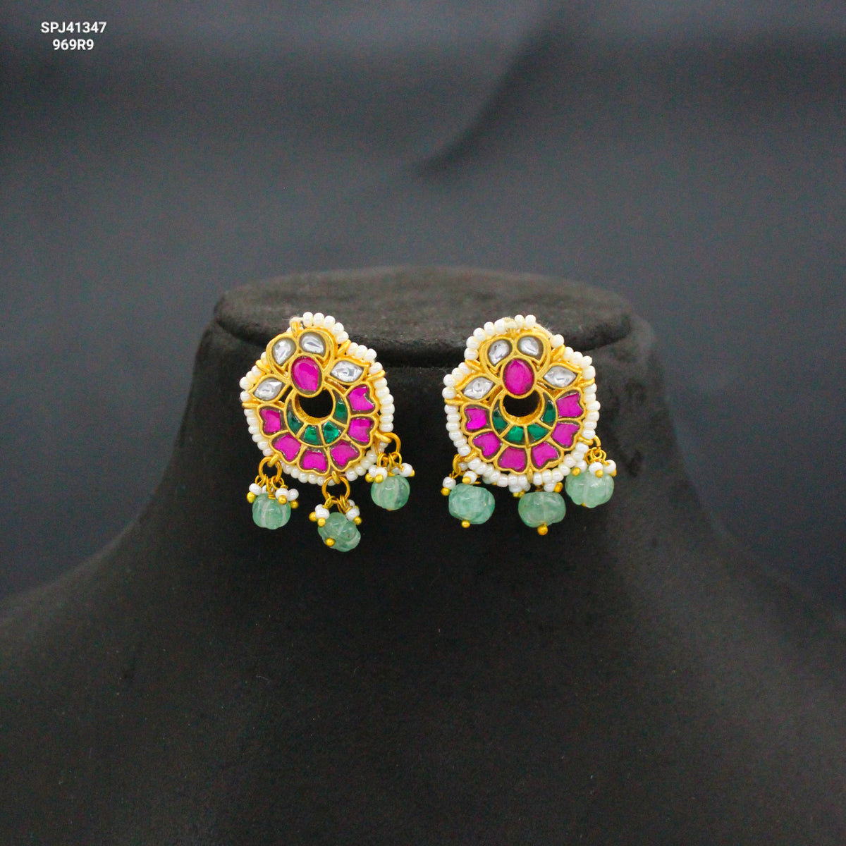 Jadau Kundan Small Multi Studs With Screw Back And Pumpkin Beads 41347
