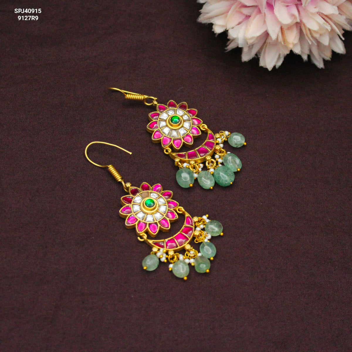 Jadau Kundan Multi Chandbali With Green Beads 40915