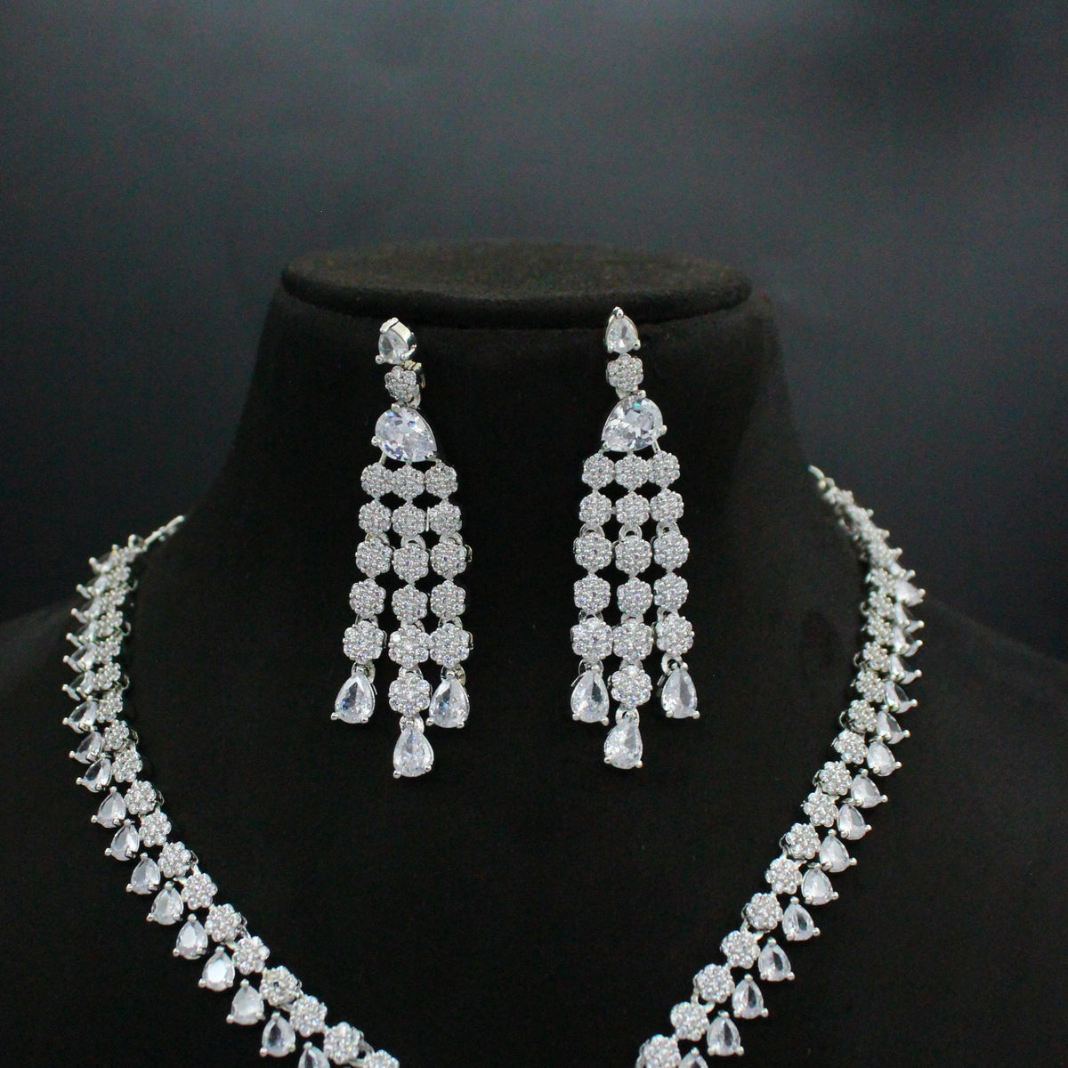 Platinum Full White Single-Line Hanging Necklace Set with Pushback Earrings SP-36011