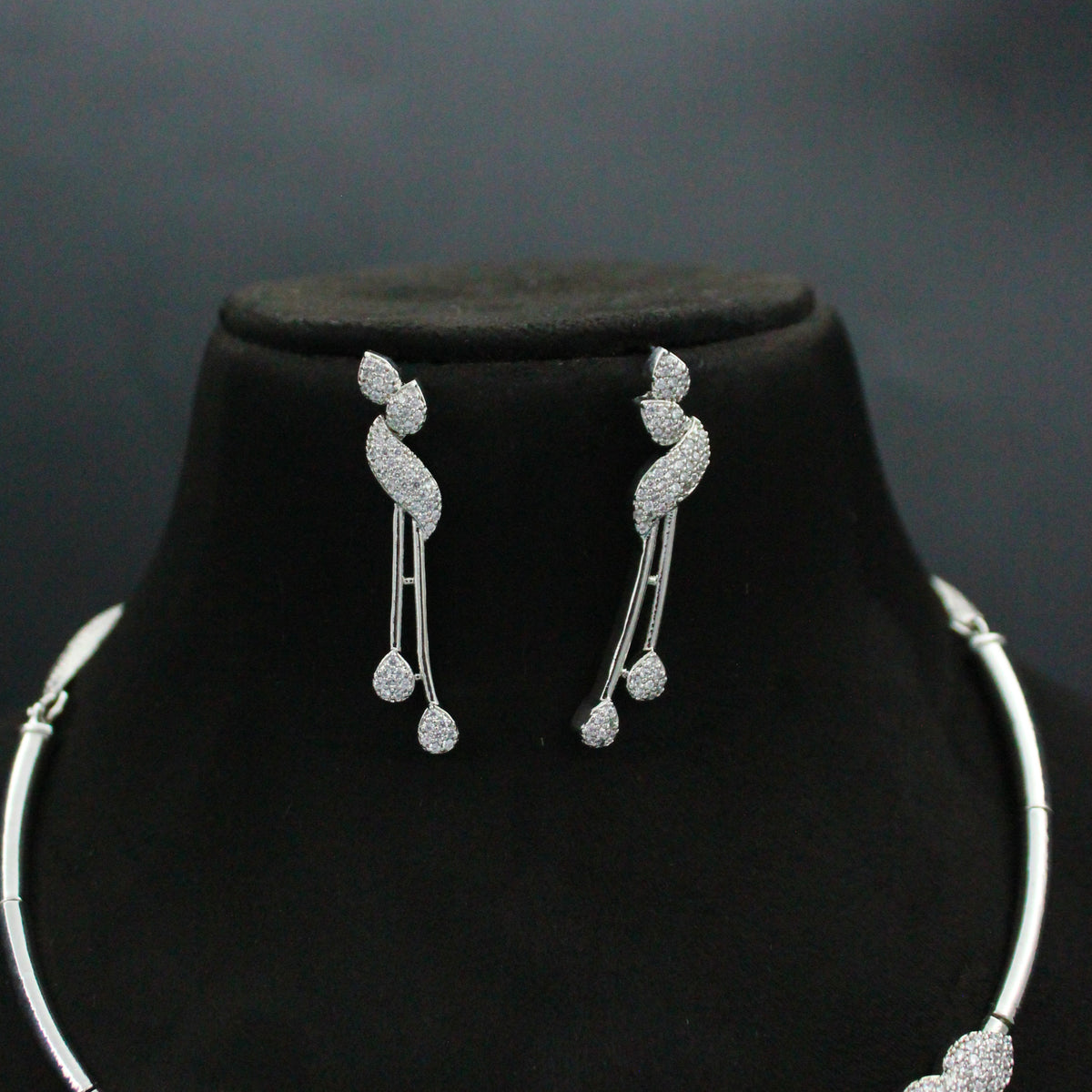 Platinum Full White AD Drop Necklace Set with Pushback Earrings SP-1305