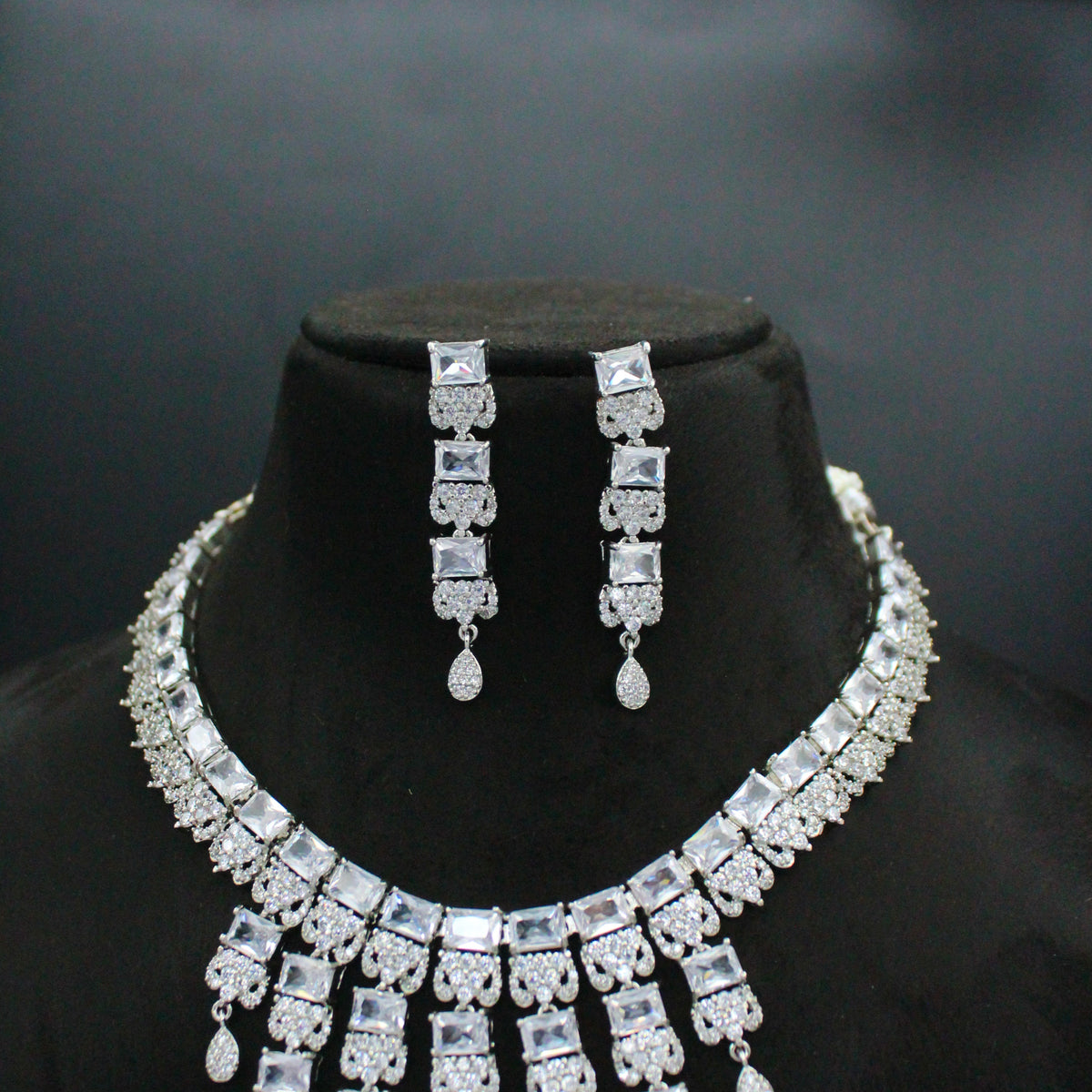 Platinum Full White Square Stone Short Necklace Set with Pushback Earrings SP-16273