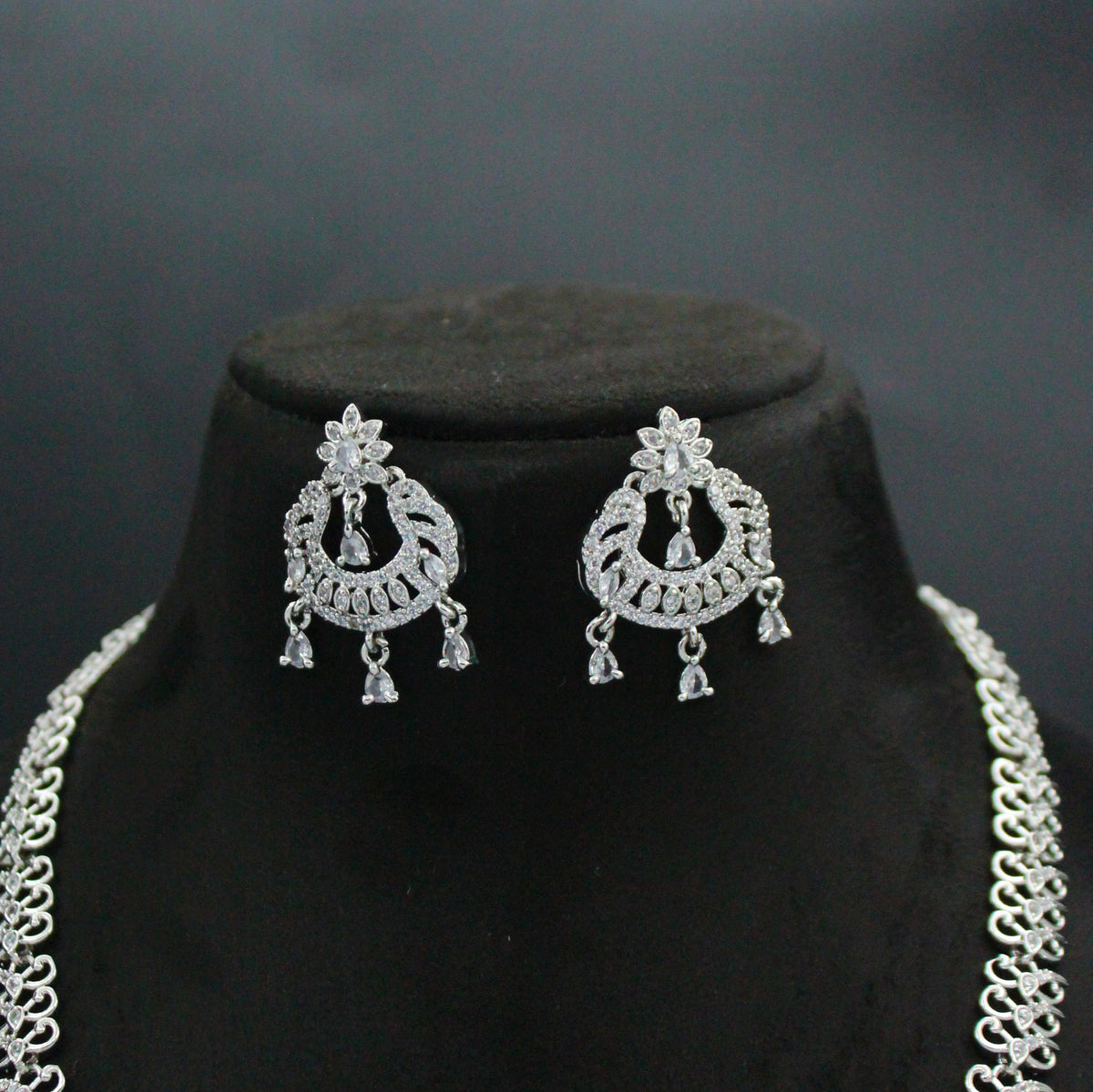 15635 Platinum Full White Long Necklace Set With Push Back Earrings