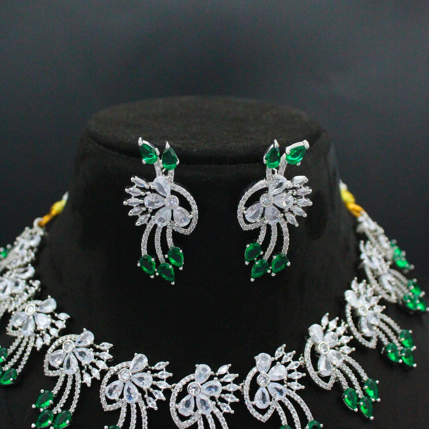 Platinum Green Stone Short Necklace Set with Pushback Earrings SP-21924