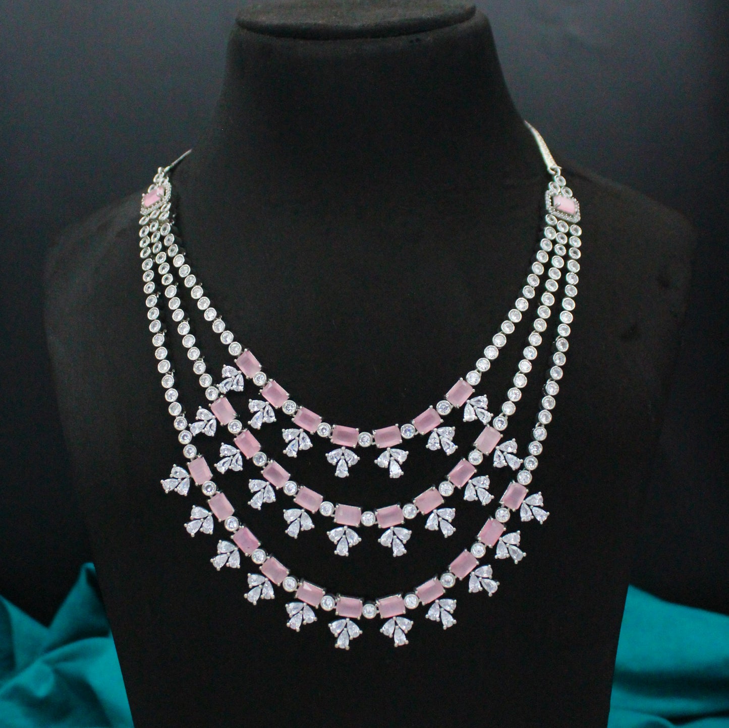 Platinum Mint Pink 3-Layer Necklace Set with Pushback Earrings SP-13151