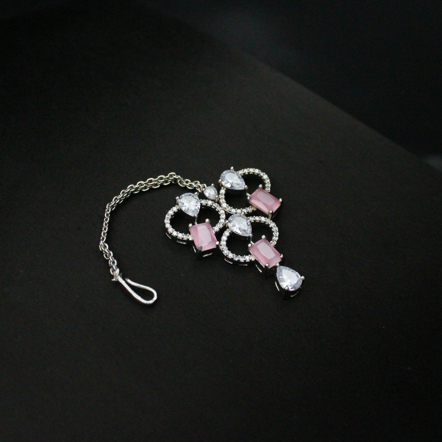 Platinum Mint Pink Fancy Necklace Set with Pushback Earrings & Maang Tikka SP-16206