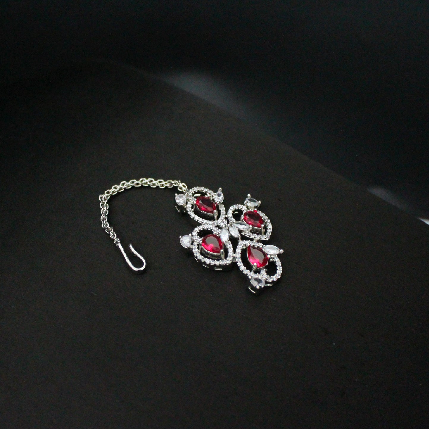 Platinum Ruby Stone Short Necklace Set with Pushback Earrings & Maang Tikka SP-16299