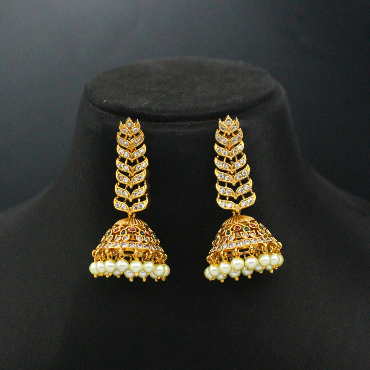 42844White Stone Earrings with Push Back & Pearls