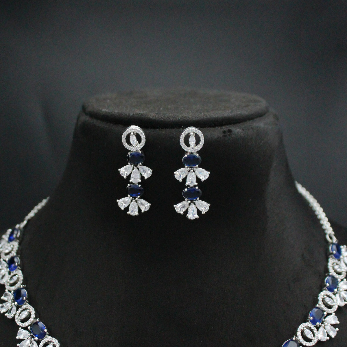 Platinum Dark Blue Fancy Short Necklace Set With Push Back Earrings 26898