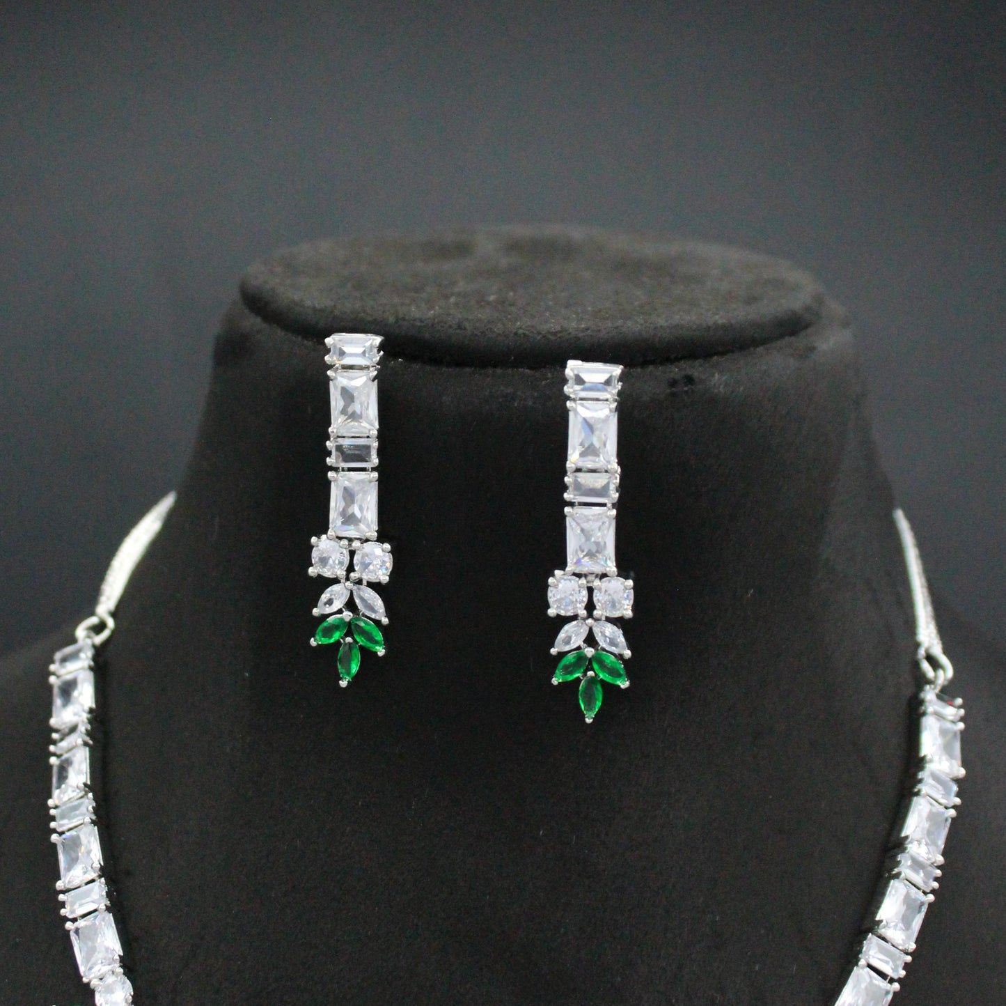 Platinum Leaf AD Green Stone Necklace Set SP-8966