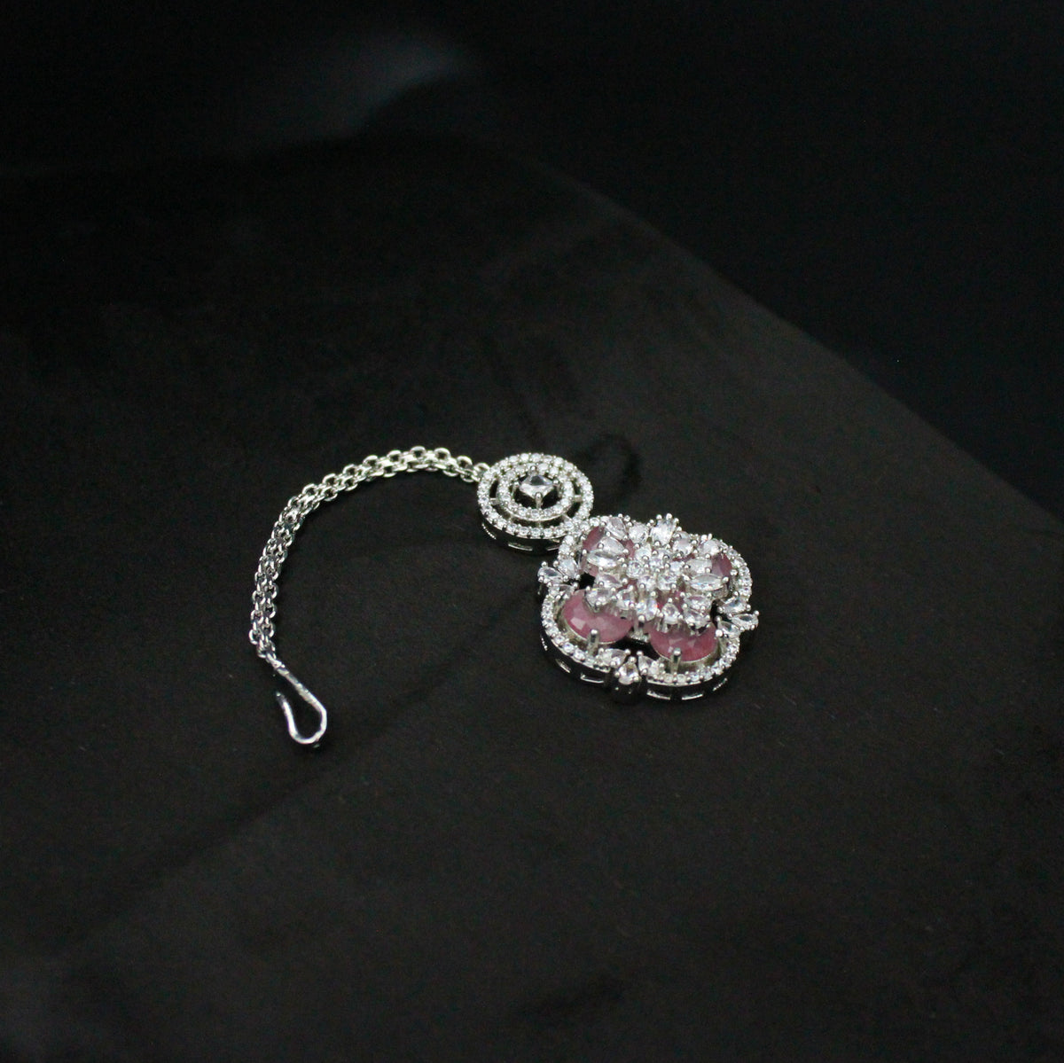 Platinum Mint Pink Short Floral Necklace Set With Maangtikka and Earrings 13050