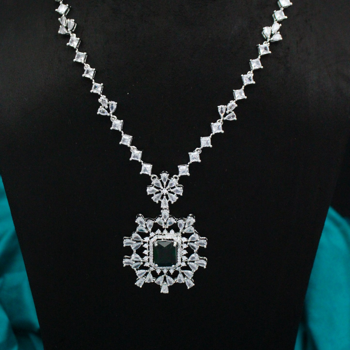 Platinum Dark Green Stone Necklace SP-21995