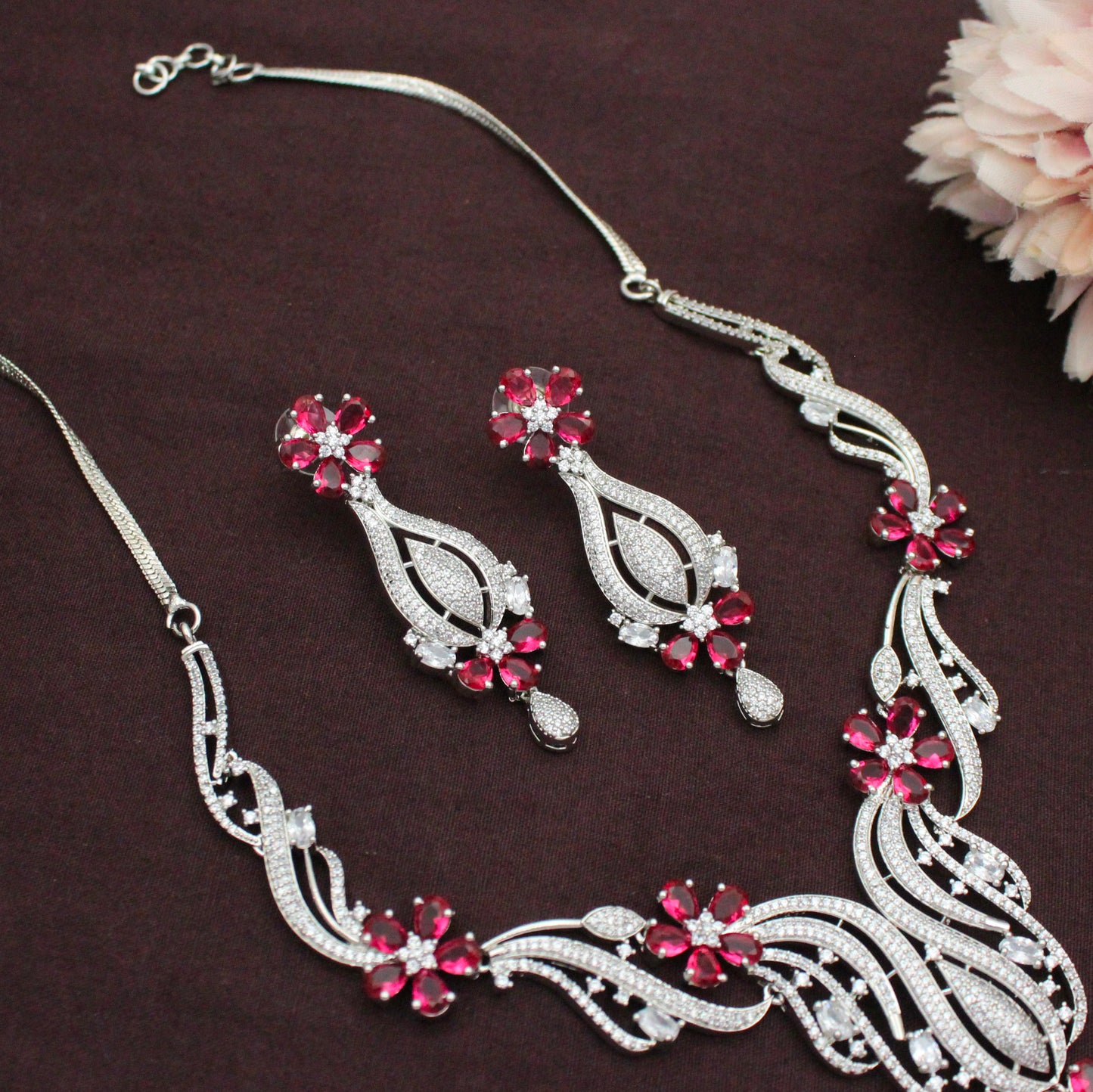 Platinum Floral Long Red Necklace Set SP-16263