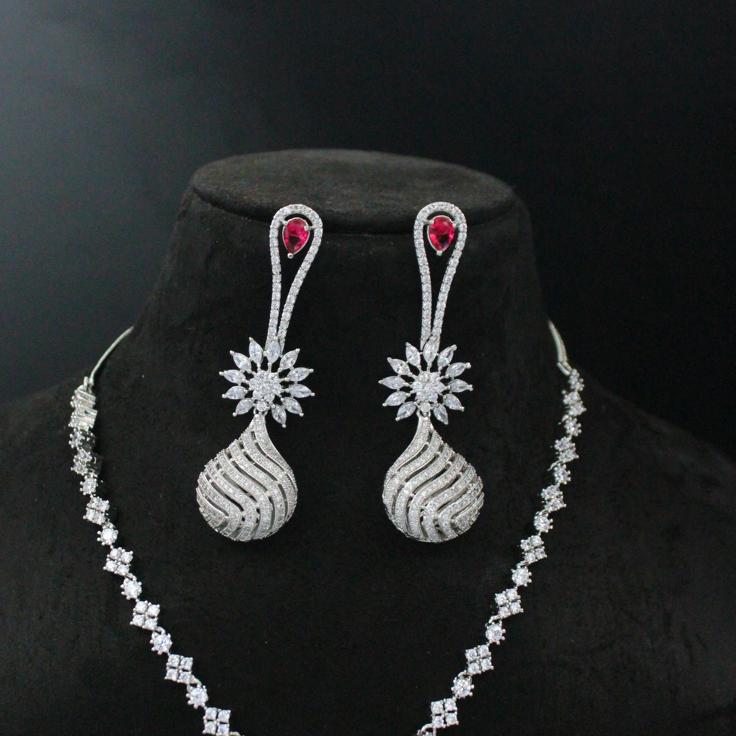 Platinum Red Fancy Short Necklace Set With Push Back Earrings 9107