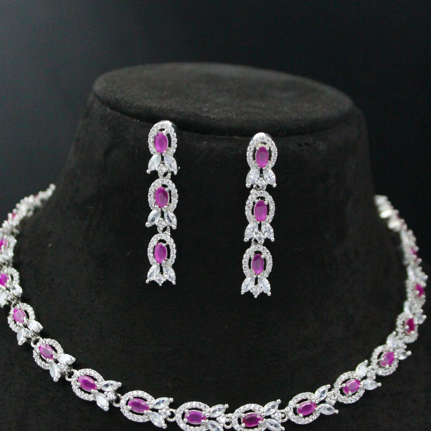 Platinum Dark Pink Short Necklace Set With Push Back Earrings 16229