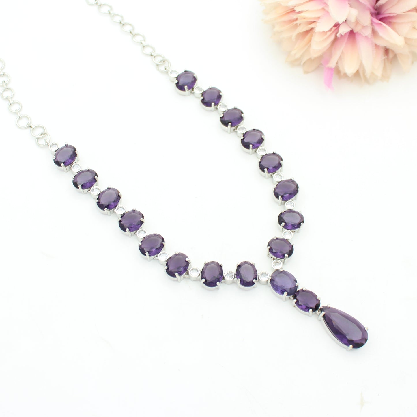 Platinum Purple Short Necklace Set With Push Back Earrings 39085