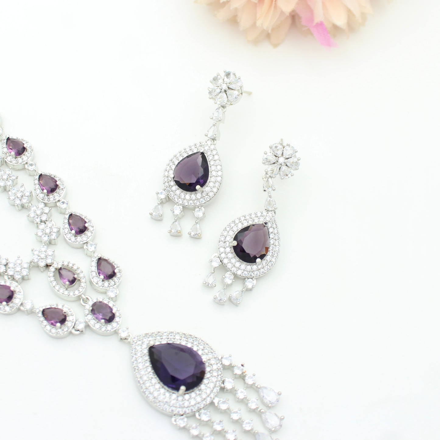 Platinum Purple Drop Short Necklace Set With Push Back Earrings 38861
