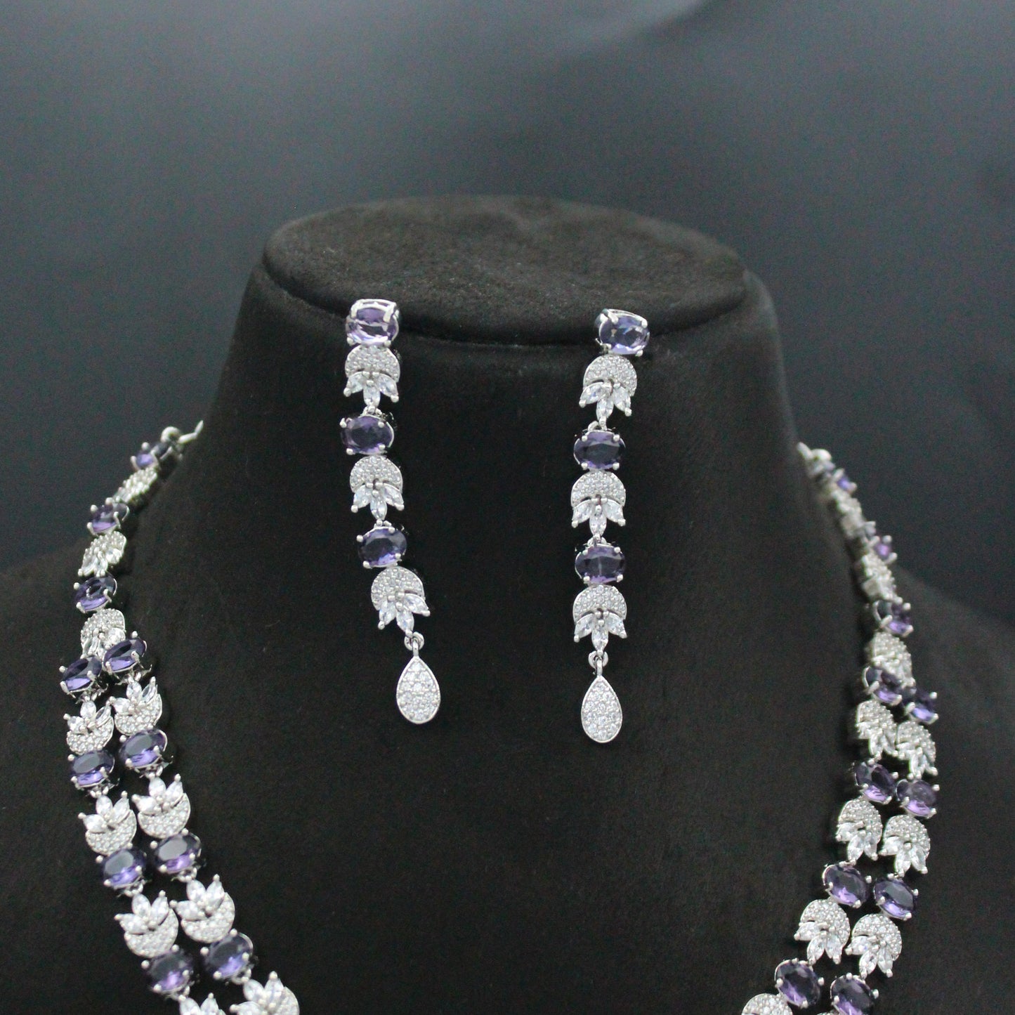 Platinum 2 Layers Short Purple Necklace Set With Push Back Earrings 37329