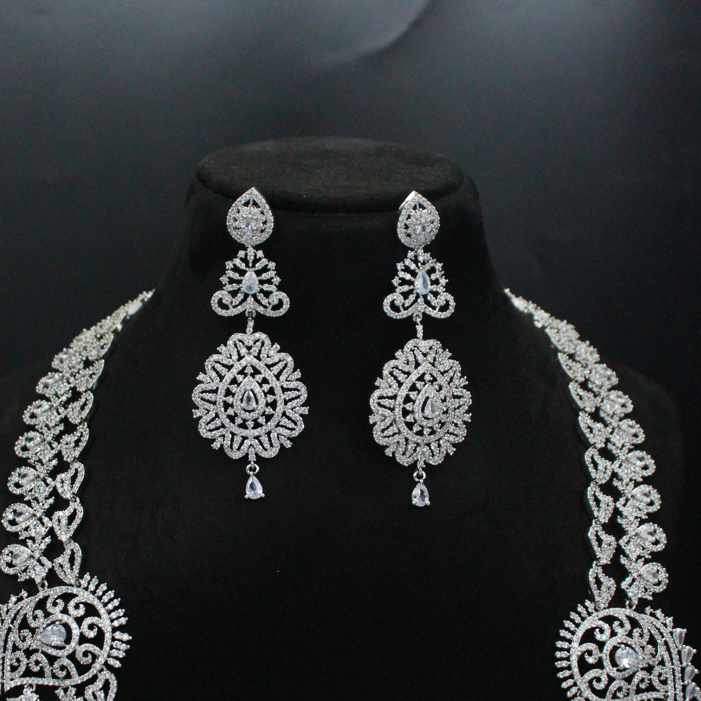 Platinum Full White Long 3 Layers Mango Necklace Set With Push Back Earrings 15654