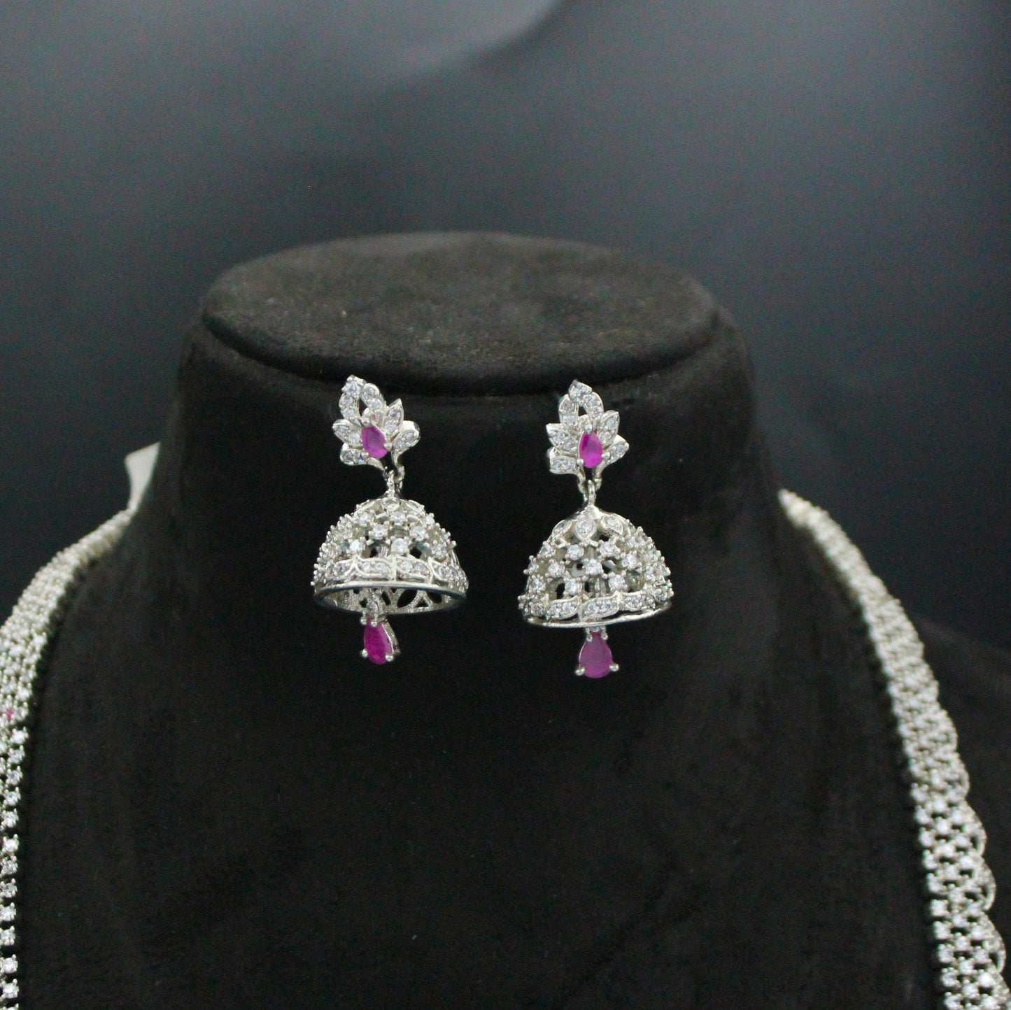 Platinum Dark Pink Long Drop Necklace Set With Push Back Jhumkis 690