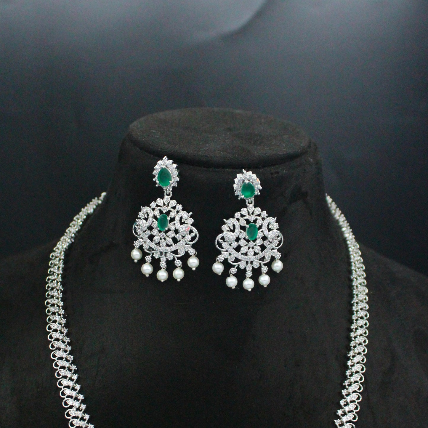 Platinum Green Double Peacock Long Necklace Set With Push Back Chandbali Earrings 10464