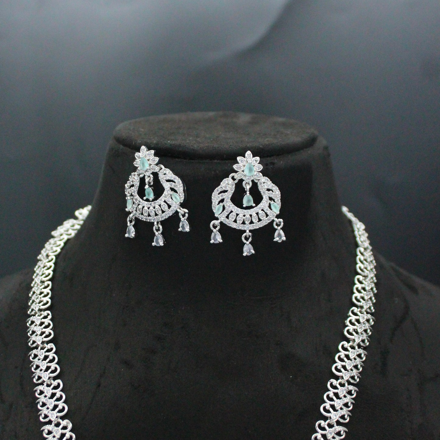 Platinum Mint Blue Long Chand Necklace Set With Push Back Chandbali Earrings 15634