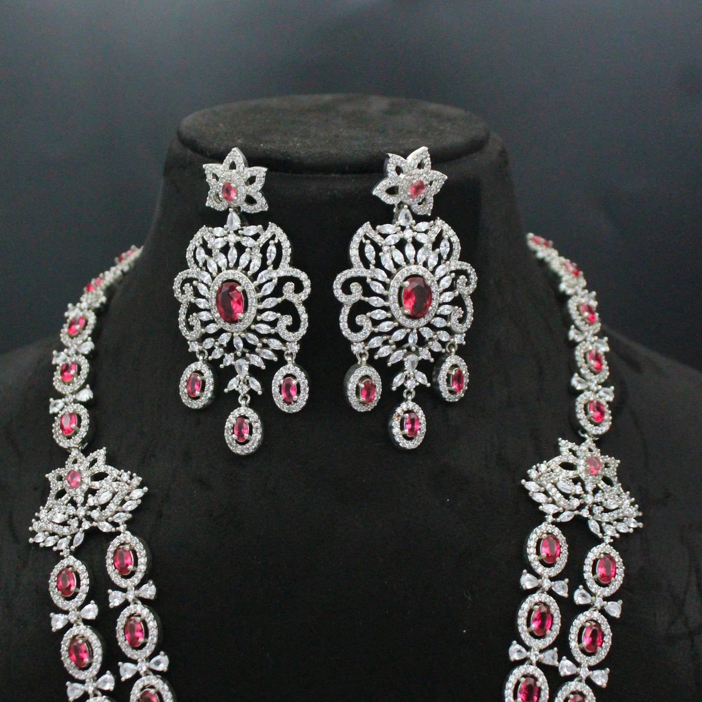 Platinum Ruby 2-Layer Long Necklace Set with Pushback Earrings SP-9091