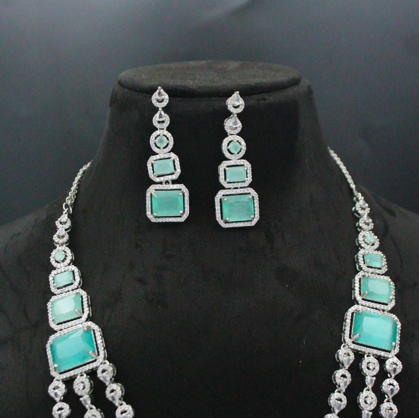 Platinum Mint Blue Long Square Stone 3 Layers Drop Necklace Set With Push Back Earrings 27313