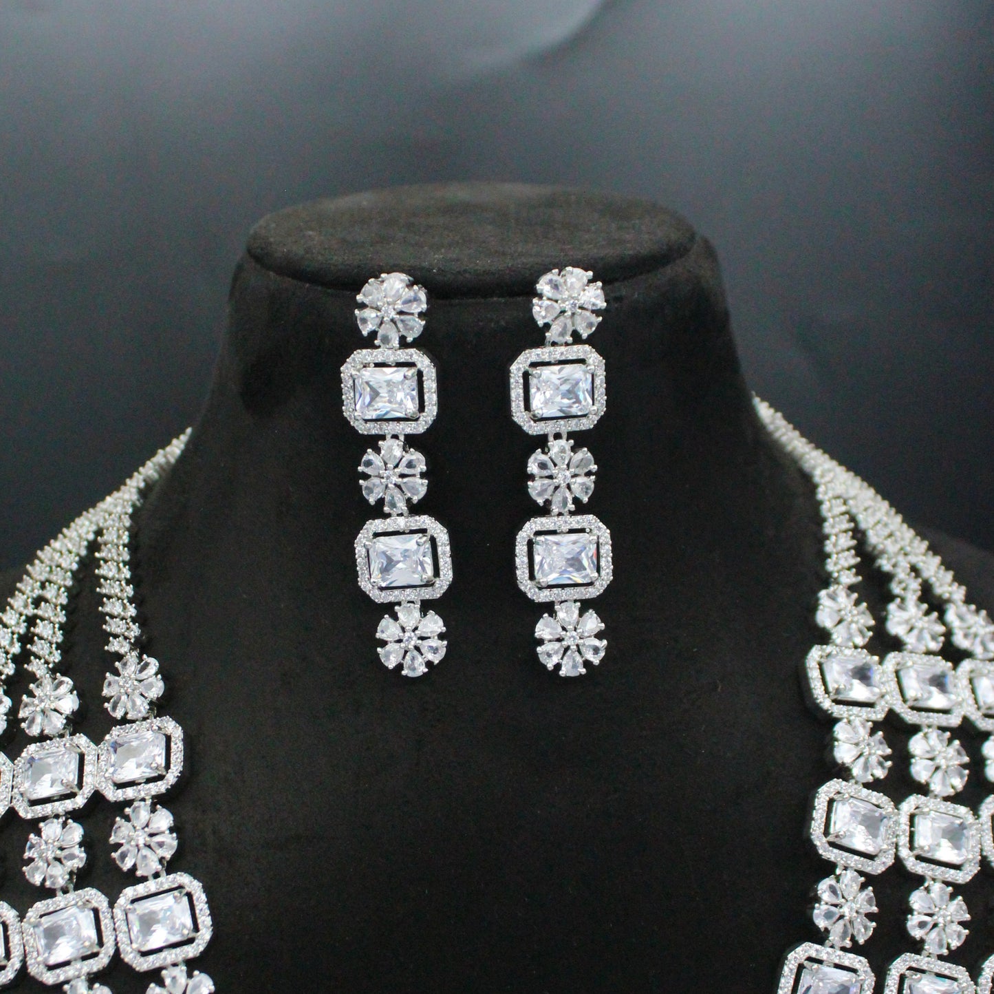 Platinum Full White Square Stone 3 Layers Long Necklace Set With Push Back Earrings 15621
