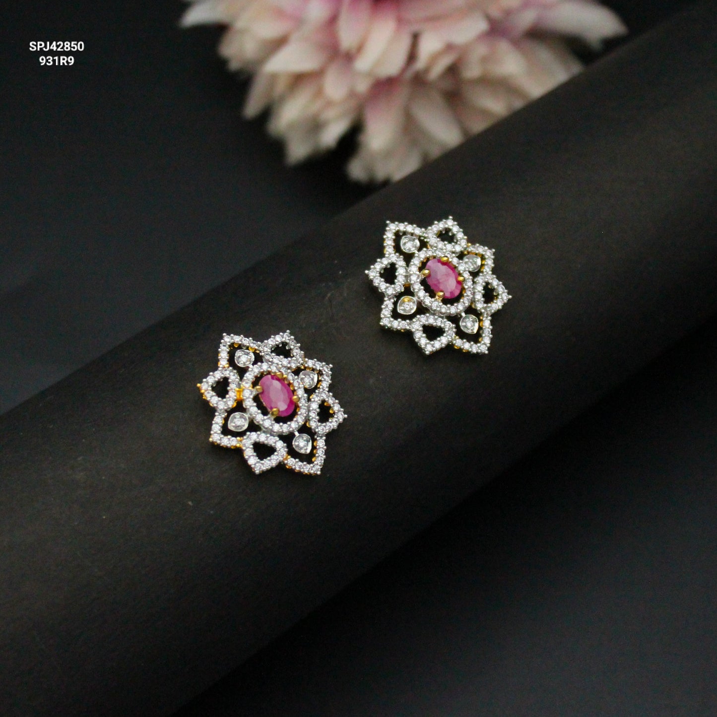 Diamond Look Flower Red Studs With Push Back 42850