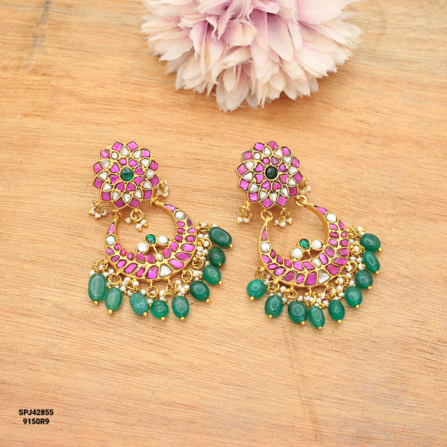 Jadau Kundan Multi Flower Chandbali With Green Beads and Screw Back 42855