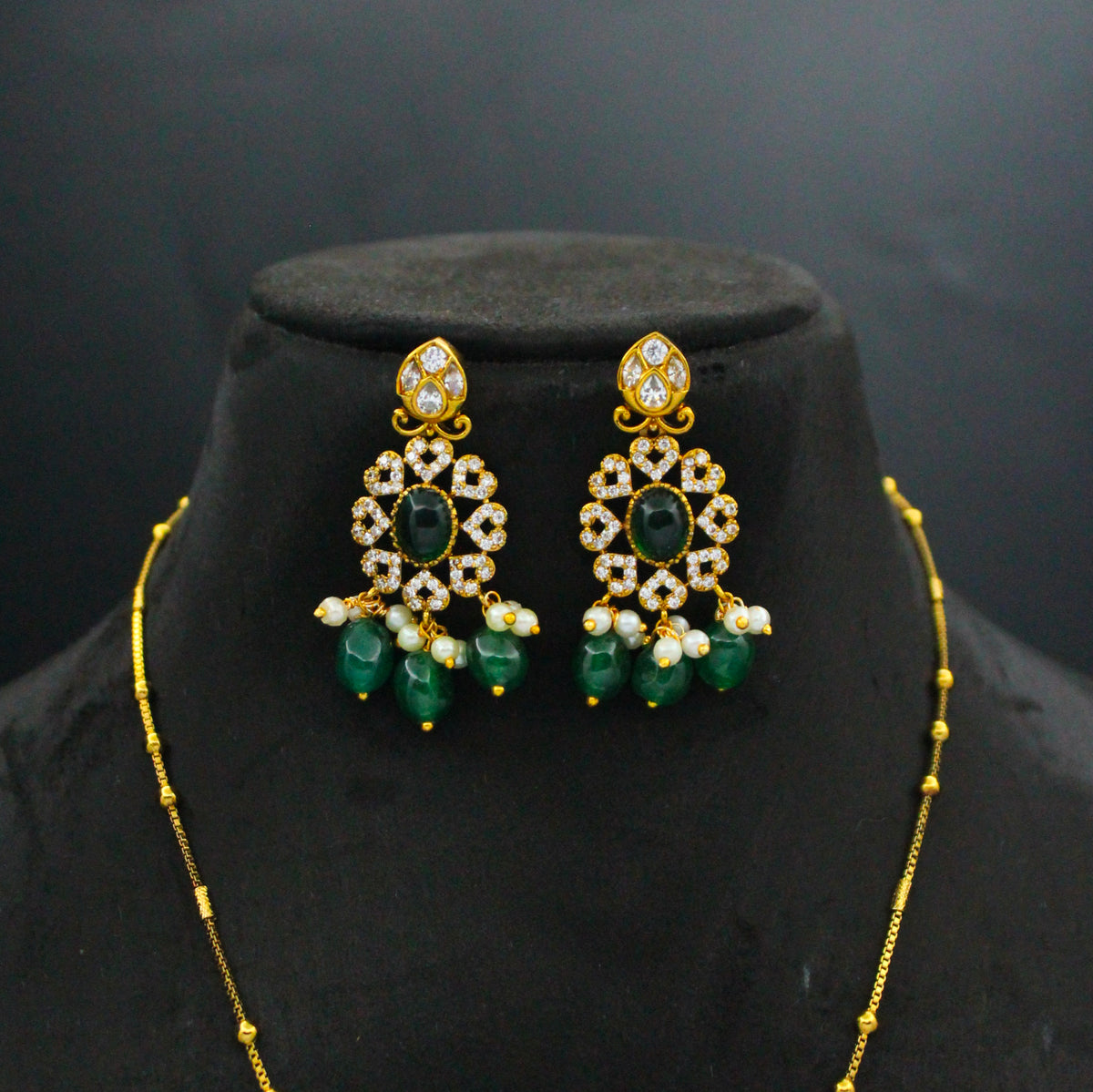 Single-Line Ball Chain Green Stone Pendant Set SP-40064