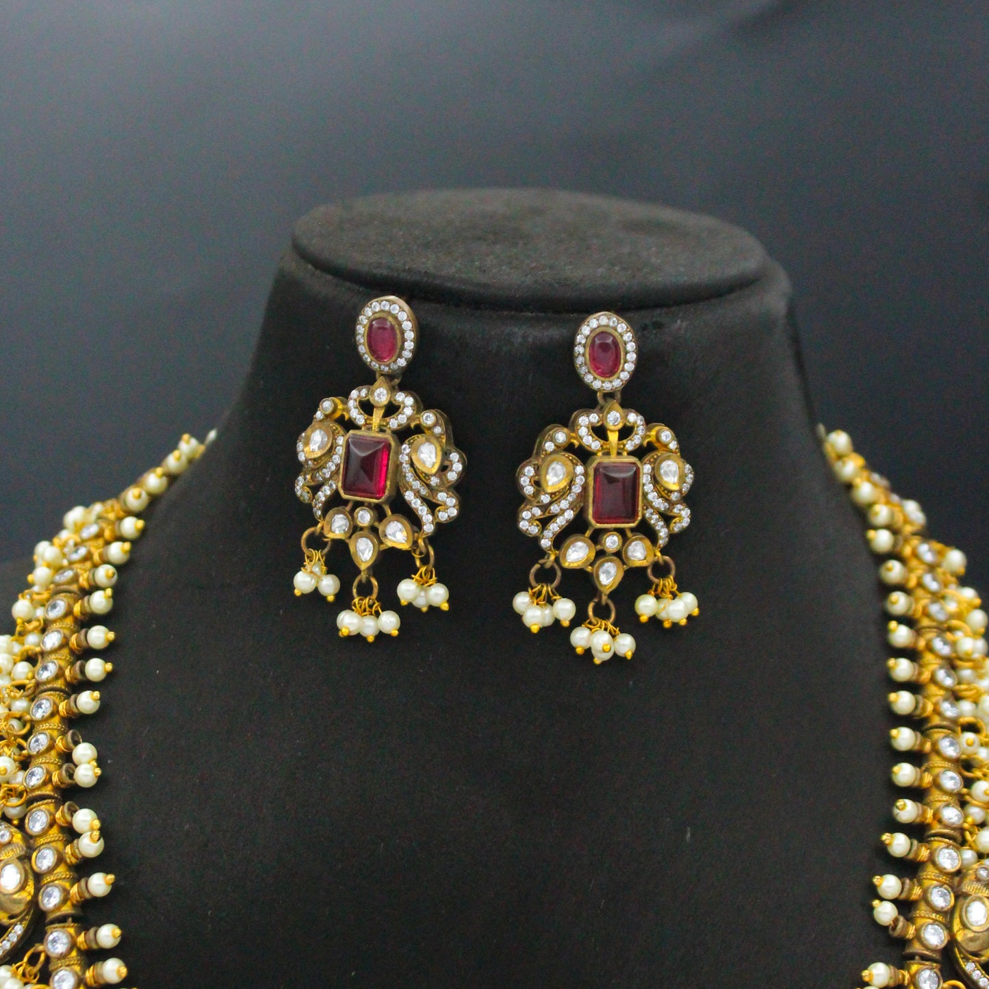 Victorian Elephant Guttapusalu Red Necklace Set With Push Back Earrings 31171