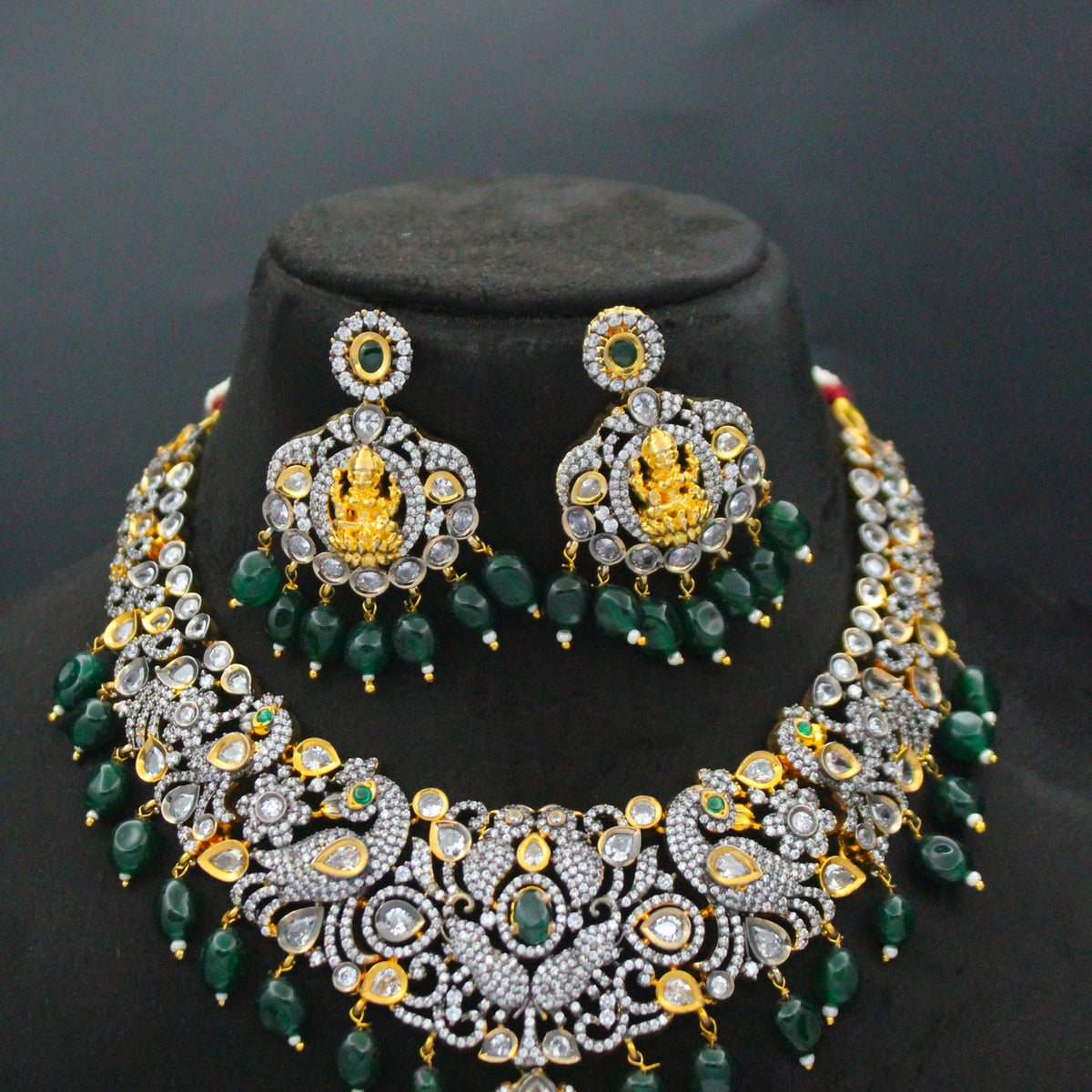 Victorian Lakshmi Green Short Necklace Set with Pushback Earrings SP-17728