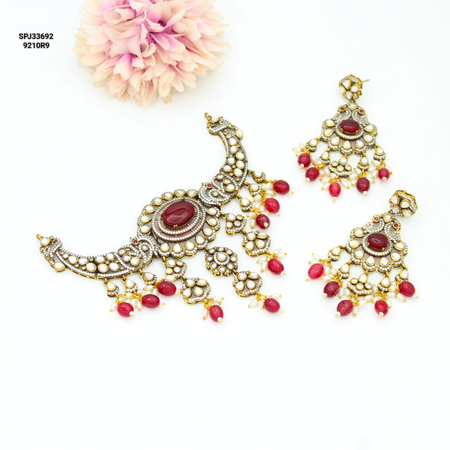Victorian Peacock Short Necklace Set With Chandbali Earrings Push Back 33692