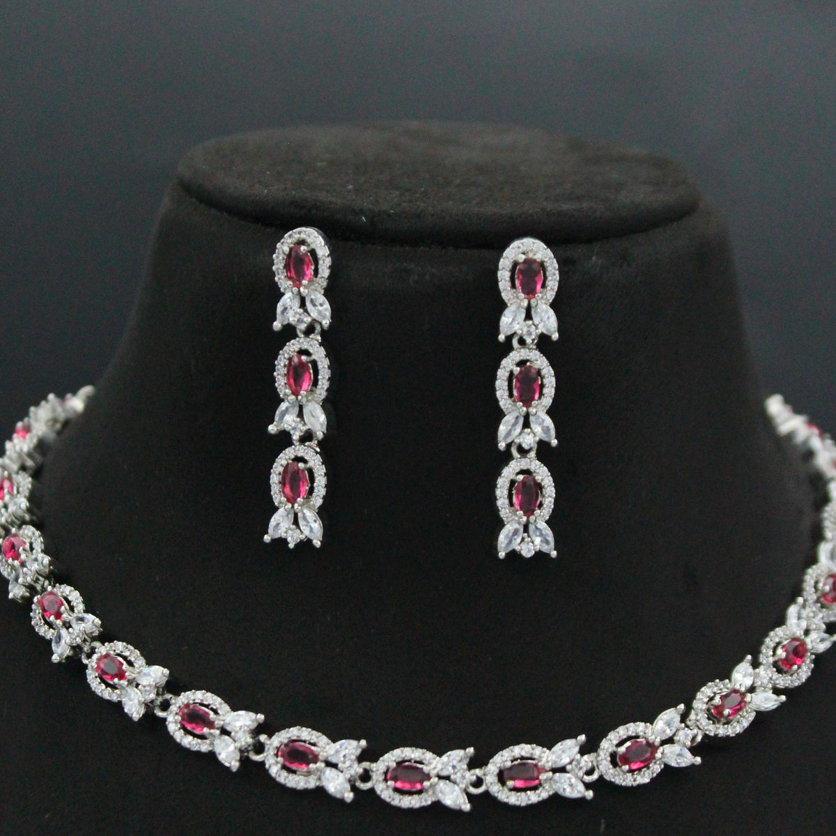 Platinum 1 Line Red Short Necklace Set With Push Back Earrings 16222