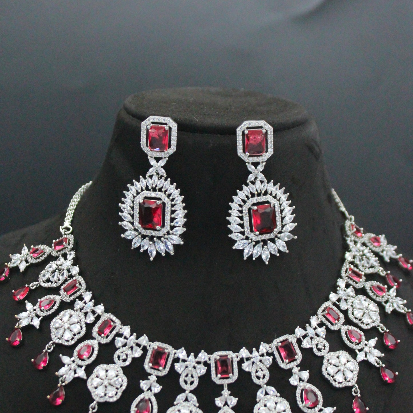 Platinum Broad Drop Red Necklace Set With Push Back Earrings 28800