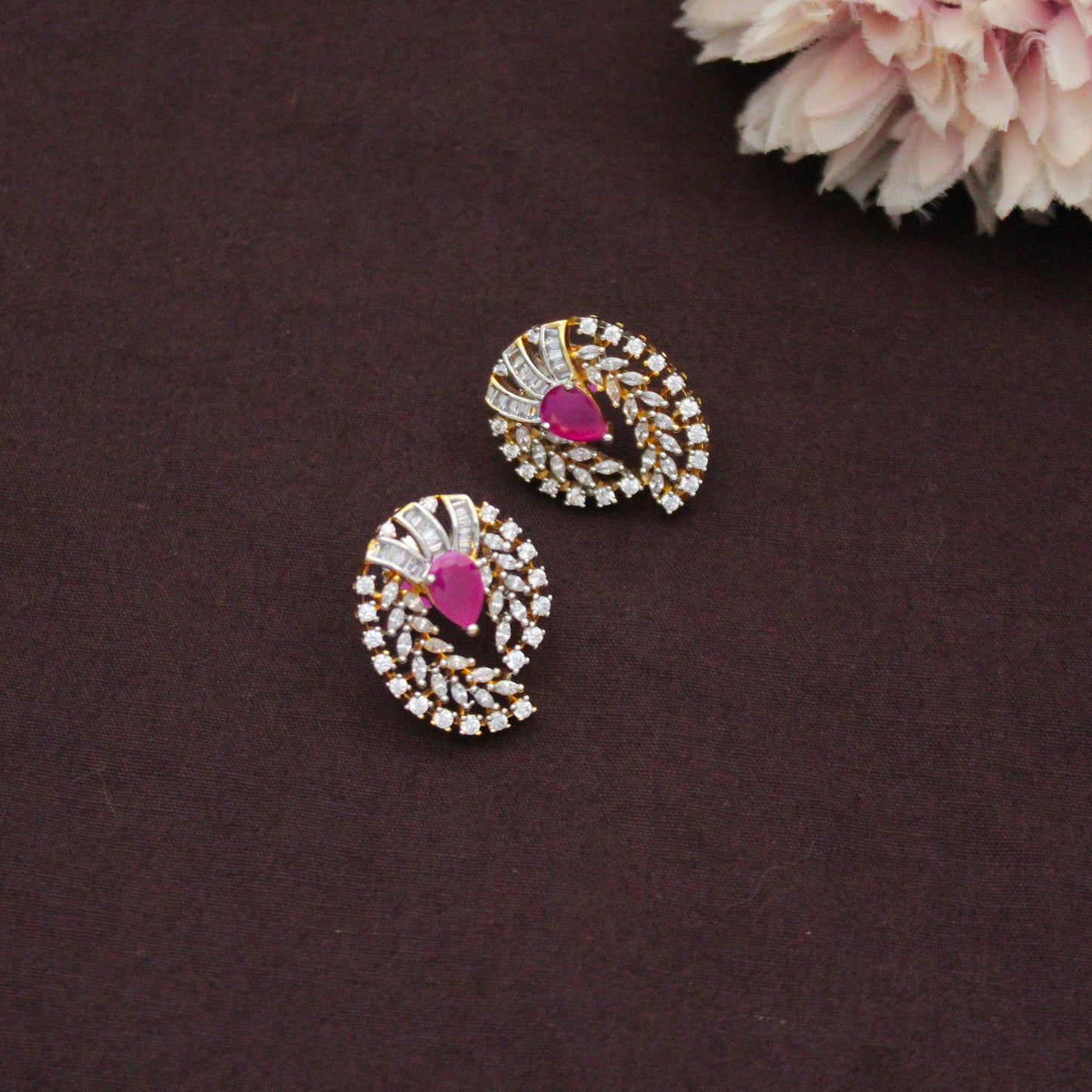 Premium Diamond Look Red Pendant Set With Push Back Earrings and Openable Hook 42870