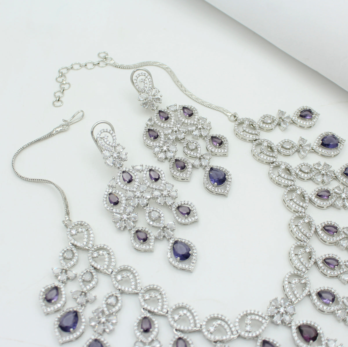 Premium Platinum Bridal Short Purple Flexible Necklace Fancy Floral Necklace Set Tear Drop Design With Big Bridal Push Back Earrings Party Wear 42882