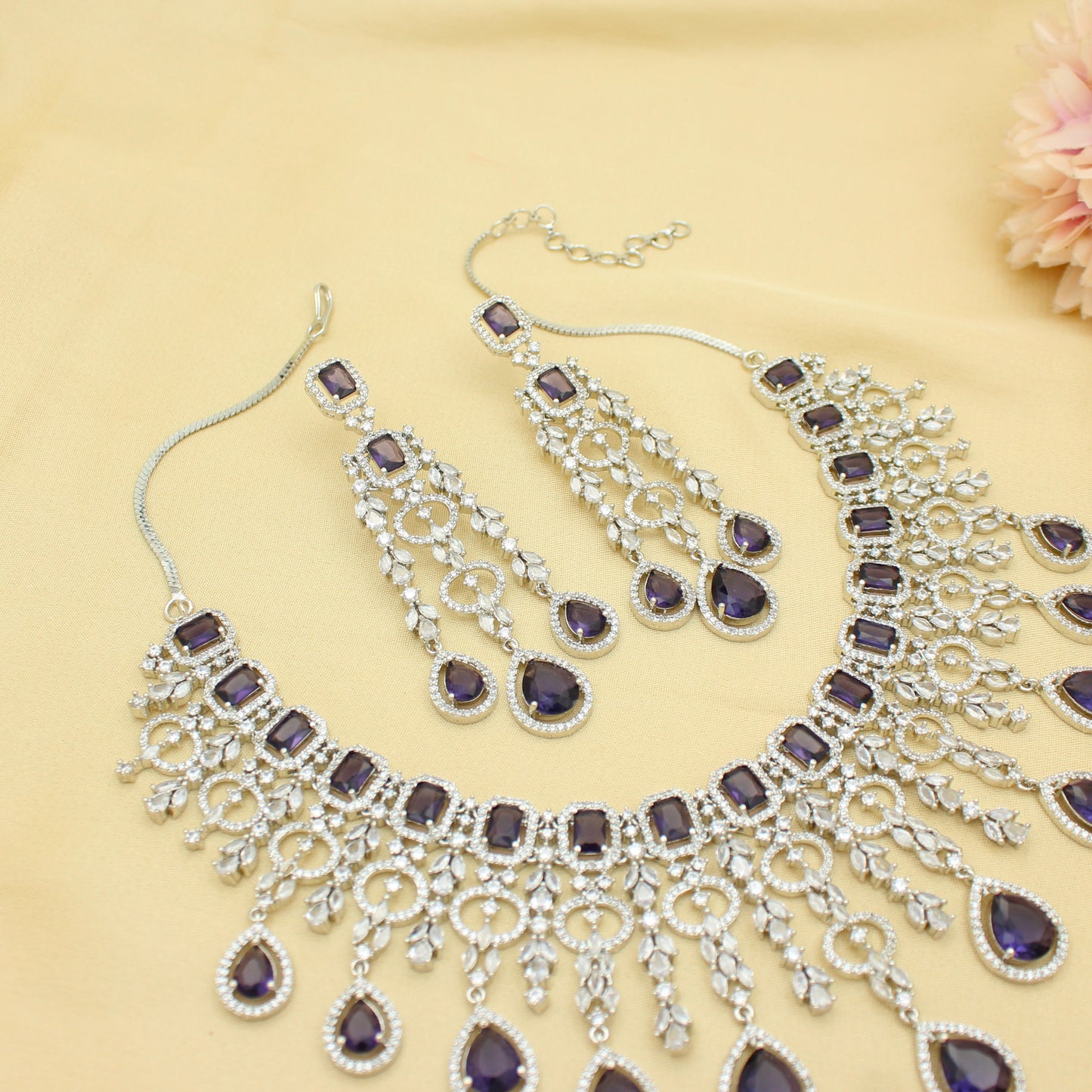 Bridal Short Platinum Purple Square Stone Drop Necklace Set With Push Back Bridal Earrings Premium Jewellery For Party Wear 42888