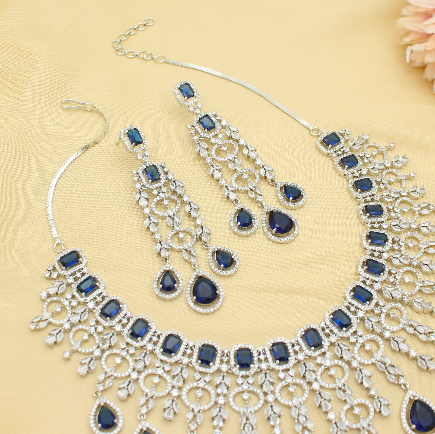 Bridal Short Platinum Navy Blue Square Stone Drop Necklace Set With Push Back Bridal Earrings Premium Jewellery For Party Wear 42893